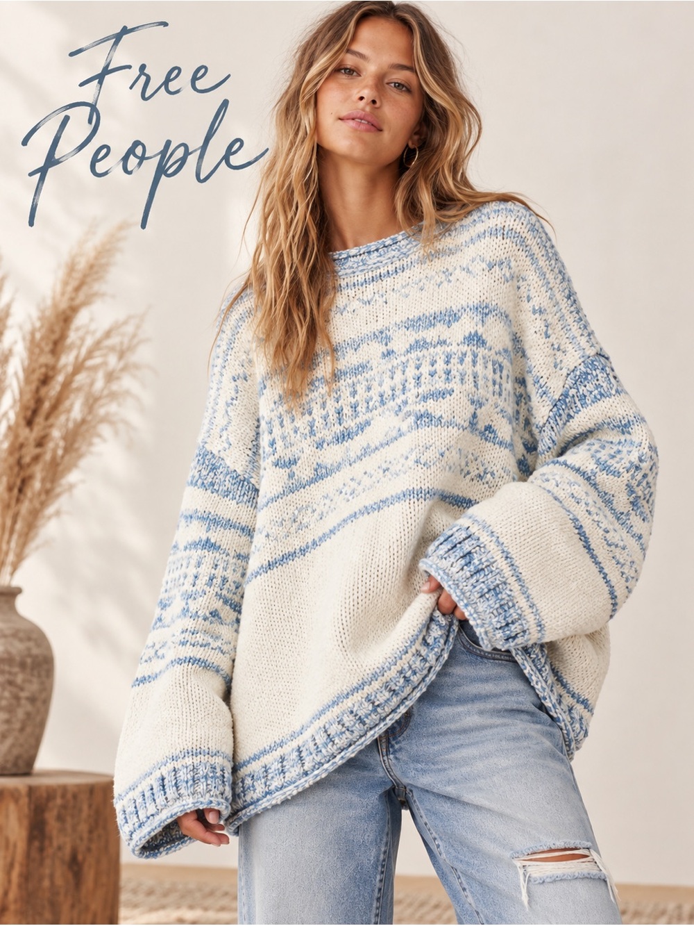 Free People Dani Pattern Sweater Cloud Combo Oversized Cotton Blend XL NWT $168